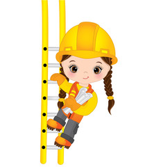 Obraz na płótnie Canvas Vector Cute Little Girl Builder Climbing up the Ladder and Holding Drawings