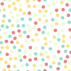 Obraz premium Colorful polka dots seamless pattern on white 16 background. Appealing classic colorful polka dots textile pattern. Seamless scattered confetti fall chaotic decor. Abstract vector illustration.