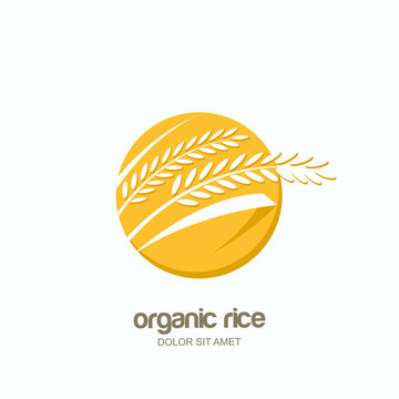 Vector logo, circle label or package emblem with rice grains. Concept for asian agriculture, organic cereal products, bread and bakery.