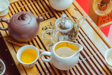 Chinese clay teapot with green tea