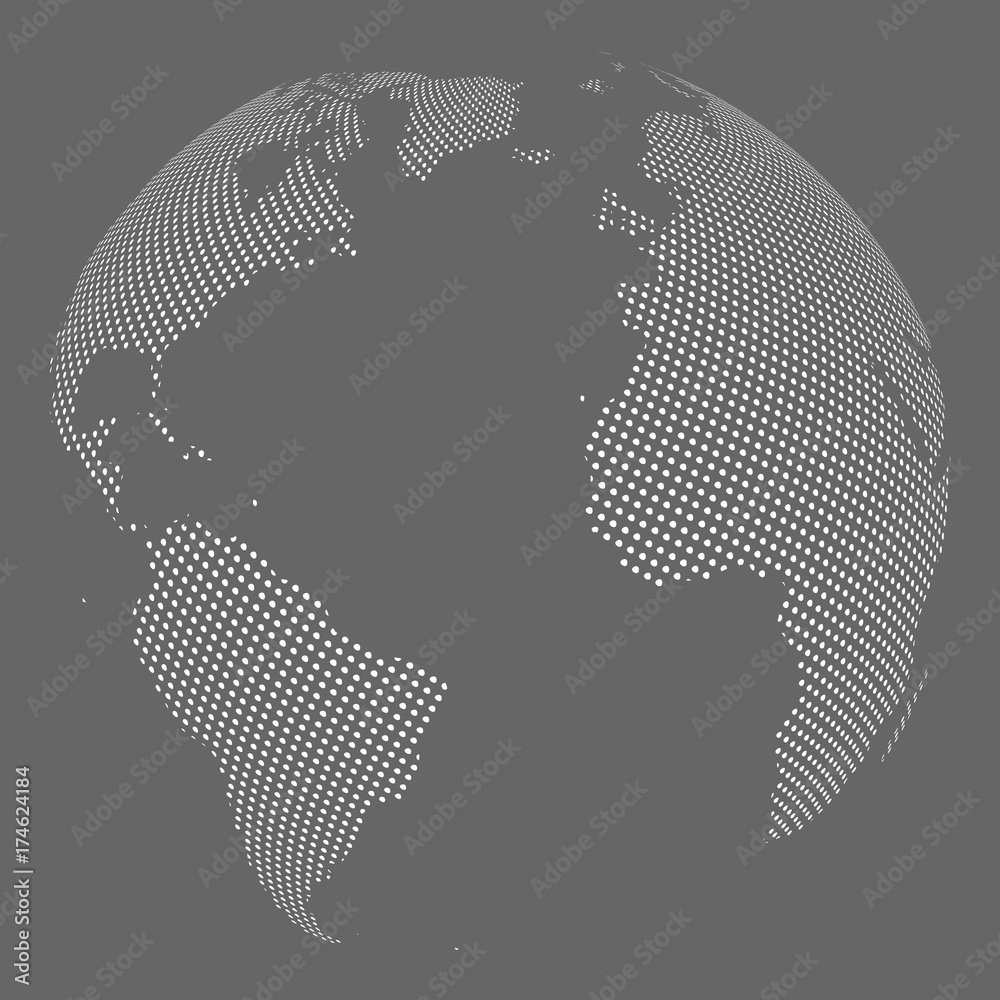 Poster abstract globe with dotted map. black and white halftone effect vector illustration.