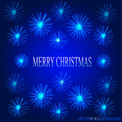 Blue background with glowing flowers. Vector illustration with stylized starry frame. .