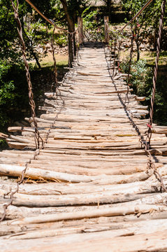 Rickety Wooden Bridge Over The River Ourika High Up In The Atlas Mountains, Morocco