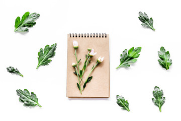 Floral composition. Buds and leaves on notebook on white background top view