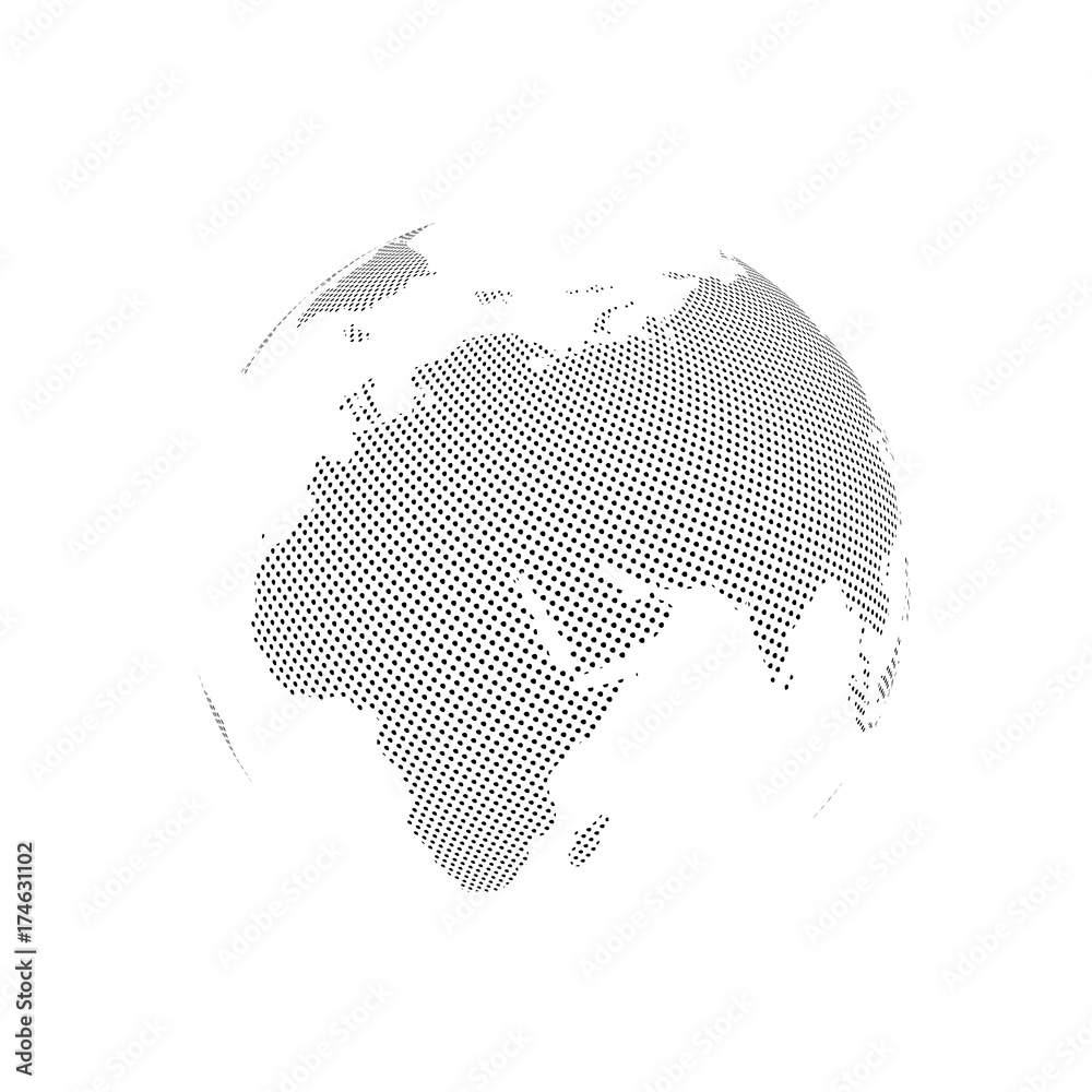 Sticker abstract globe with dotted map. black and white halftone effect vector illustration.