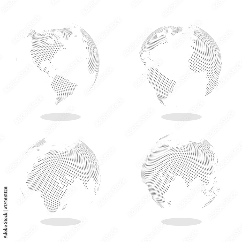 Sticker abstract set of globes with dotted map. black and white halftone effect vector illustration.