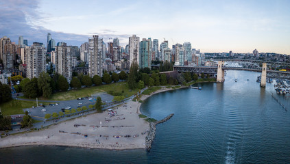 Aerial Panoramic View of Sunset Beach in Downtown Vancouver, British Columbia, Canada.