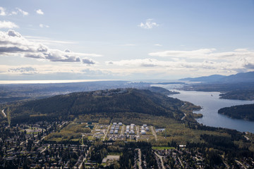 Aerial view of Burnaby Mountain with Vancouver City in the Background. Taken in British Columbia, Canada.