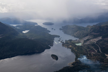 Skookumchuck Narrows Provincial Park, Sunshine Coast, British Columbia, Canada. Taken on a cloudy and rainy evening from an aerial perspective.