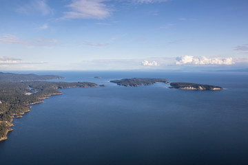 Thormanby Island, Sunshine Coast, British Columbia, Canada. Taken from an aerial perspective during a cloudy evening.