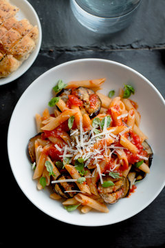 Pasta with eggplant and tomato.