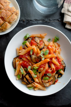 Pasta with eggplant and tomato.