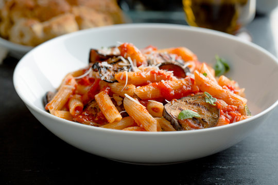 Pasta with eggplant and tomato.