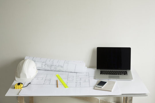 working place of architect on construction site