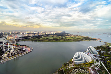 Aerial view to Singapore at the sunset