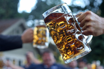 Men toasting beer with big, glass steins