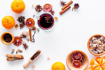 Celebrate new year winter evening with hot drink. Mulled wine or grog ingredients. White background...