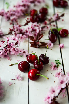  Cherries and pink cherries flowers on white wood