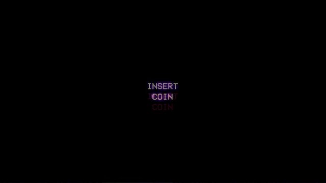 A videogame screen, with the messages Get Ready, Insert Coin, Press Start. With digital and analog glitches. 8-bit VCR retro style.
