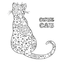 Cat. Design Zentangle. Hand drawn cat with abstract patterns on isolation background. Design for spiritual relaxation for adults.  Black and white illustration for coloring. Zen art. Decorative style