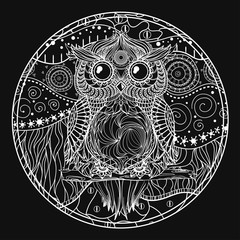 Mandala with owl. Design Zentangle. Hand drawn abstract patterns on isolation background. Design for spiritual relaxation for adults. Black and white illustration. Zen art. Decorative style
