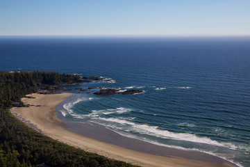 Beautiful view of a sandy beach on the Pacific Ocean Shore near Tofino, Vancouver Island, British Columbia, Canada. Taken on a bright sunny summer day.