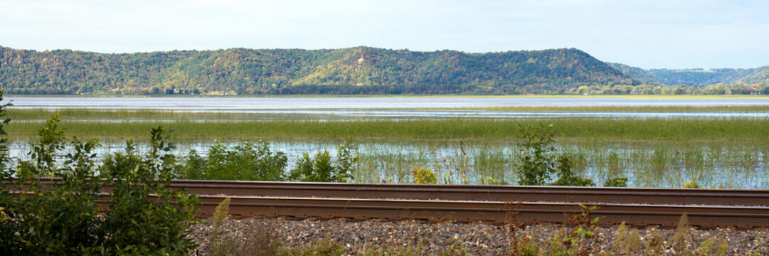 Wide panoramic view of the Mississippi River from the Great River Road in Wisconsin