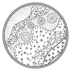 Mandala. Zentangle. Hand drawn circle zendala with abstract patterns on isolation background. Design for spiritual relaxation for adults. Line art creation. Black and white illustration for coloring.