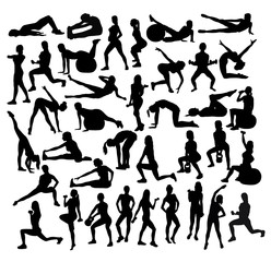 Fototapeta na wymiar Exercises Fitness and Gym Sport Silhouettes, art vector design