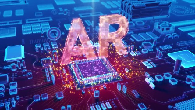 Futuristic animation of holographic "AR" text emerging from microprocessor on electronic circuit board