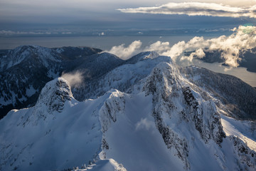 Fototapeta na wymiar Aerial landscape view of Lion Mountains in Vancouver North Shore near Howe Sound, British Columbia, Canada.