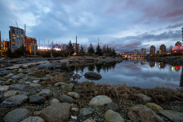 Park in False Creek, Downtown Vancouver, BC, Canada. Picture taken during a cloudy morning.