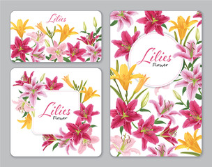 Colorful lilies flower on white background. Vector set of blooming floral for wedding invitations and greeting card design.