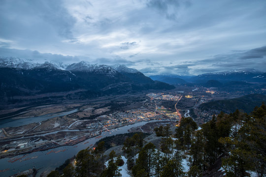 View of Squamish City during an evening after sunset from top of Chief Mountain. Picture taken in British Columbia, Canada.