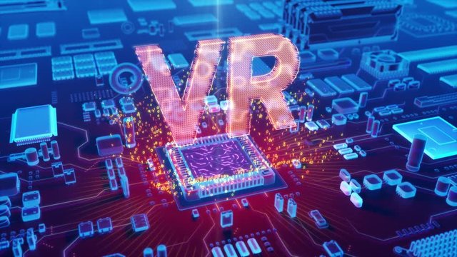 Futuristic animation of holographic "VR" text emerging from microprocessor on electronic circuit board