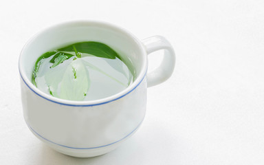 The soft blurred and soft focus cup of green tea, Kariya , The Creat,Andrographis paniculata,Acanthaceae,leaf plant with the white background, natural light shadow reflection.