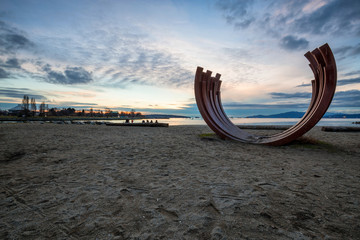View on the sandy beach in Vancouver Downtown, BC, Canada.