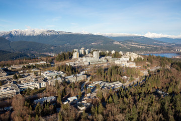 Fototapeta na wymiar Aerial view of Simon Fraser University (SFU) on Burnaby Mountain. Picture taken in Vancouver Lower Mainland, British Columbia, Canada.