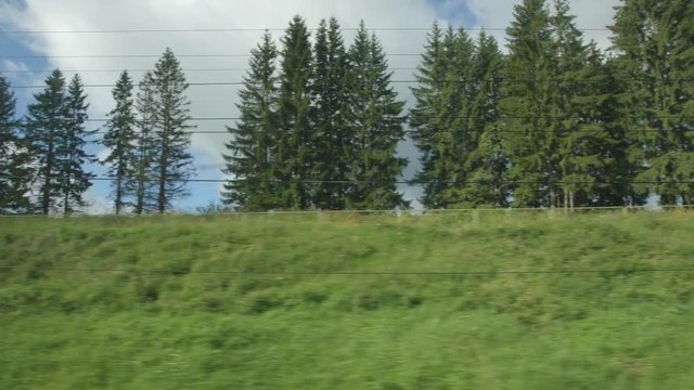 POV: High-speed Train fast moves past a trees on a hill - bottom view