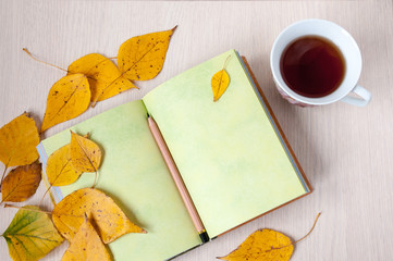On the table, tea, an open book, a pencil and autumn leaves