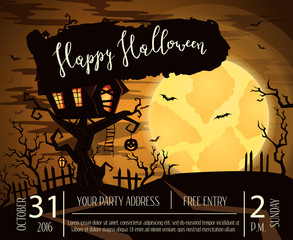 Happy Halloween party poster with spooky castle on tree in mystic forest at night under full moon. Cartoon vector illustration. Halloween background with haunted house on hill, pumpkin and flying bats