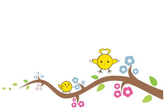 Yellow bird cute flying to the island on a branch, vector illustration
