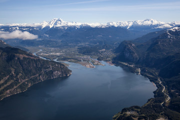 Squamish City, North of Vancouver, BC, Canada. Taken from an aerial perspective from an aerial point of view.