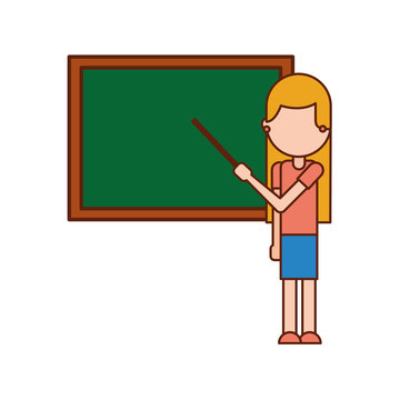 cartoon teacher with pointer standing in front of blackboard