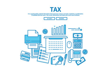 Modern flat blue color line vector editable graphic illustration, business finance concept, tax