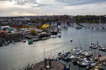 Downtown Vancouver, BC, Canada &ndash; October 07 2016 &ndash; Beautiful aerial view of False Creek, Granville Island, and Burrard Bridge.