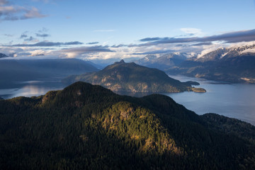Beautiful Aerial Landscape view of Gambier Island and Anvil Island in Howe Sound, North West of Vancouver, British Columbia, Canada. Taken during a colorful sunset.