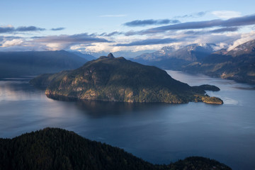 Beautiful Aerial Landscape view of Anvil Island in Howe Sound, North West of Vancouver, British Columbia, Canada. Taken during a colorful sunset.