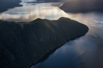 Beautiful Aerial Landscape view of Anvil Island in Howe Sound, North West of Vancouver, British Columbia, Canada. Taken during a colorful sunset.