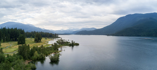 Aerial panoramic view of a Golf Course in Harrison Mills, British Columbia, Canada.